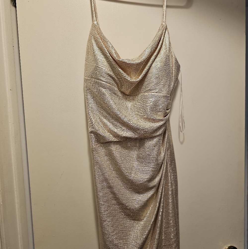 Short, metallic rose gold dress